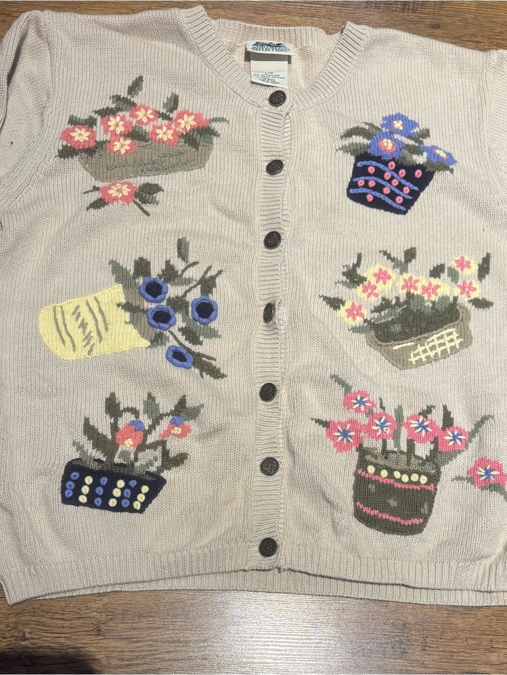 Northern Reflections Cream Button-Up Cardigan with Embroidered Floral Baskets